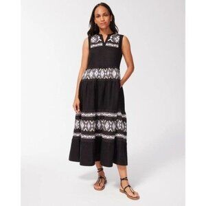 Chico's Black Linen Embroidered Maxi Dress Boho Prairie Cottagecore Size 1.5 M